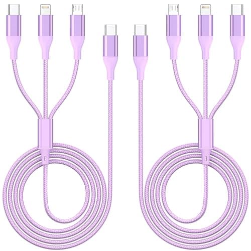ShSiXin 3 in 1 Multi Charging Cable for Multiple Devices with USB-C/IP/Micro Port, USB Cable iPhone Charger Cord, Travel Car Charger Cord for iPhone17-8, Galaxy 25 Android iPad, 2Pack 4FT-Purple - Image 1
