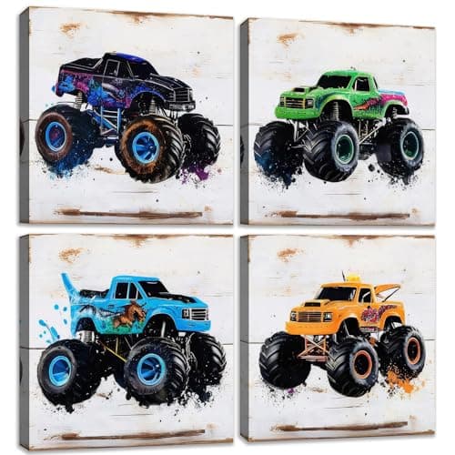 The Mode Art Monster Truck Wall Art 4 Pieces Prints for Kids Rooms Home Office Canvas Artwork Painted truck Theme Photos Wall Decor in the Boy's Bedroom Each Size: 12"x12" - Image 1