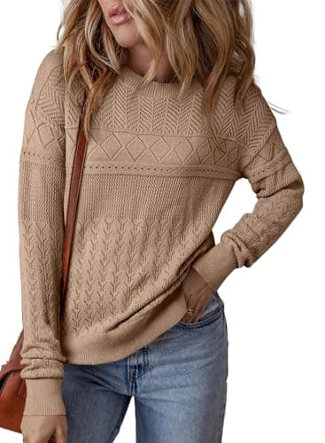SHEWIN Womens Fall Fashion 2025 Long Sleeve Sweater Crewneck Knit Tops Lightweight Pullover Jumpers Crochet Sweaters for Women, Light Beige, L - Image 1
