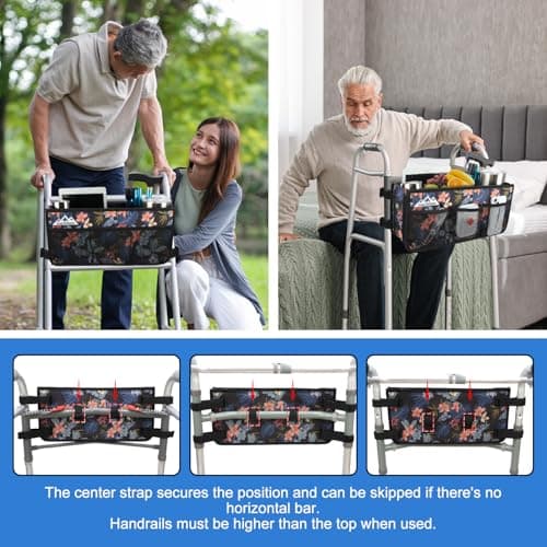 supregear Walker Basket, Foldable Walker Bag with Cup Holder, Storage Pouch with Large Capacity and Never Tipping Over, Hand-Free for Seniors Elderly, Not Fit for Rollator, Floral Black - Thumbnail 5