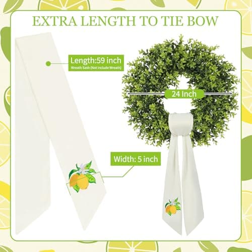 Ezyec Summer Lemon Wreath Sash for Front Door (59" Long) - High-Density White Satin Ribbon with Embroidered Citrus Design - Vibrant Yellow Decor for Boxwood Wreaths, Weather-Resistant & Washable - Thumbnail 6