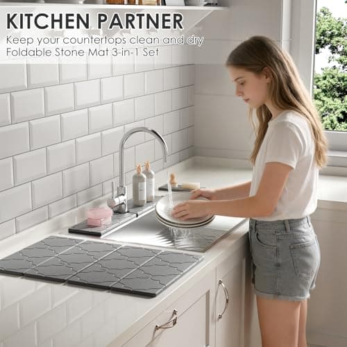 3-Piece Stone Dish Drying Mat Set for Kitchen Counter -24"x16" Large Absorbent Diatomaceous Earth Mat for Countertop, Stone Faucet Mat & Soap Tray- Quick Dry, Non-Slip - Thumbnail 6