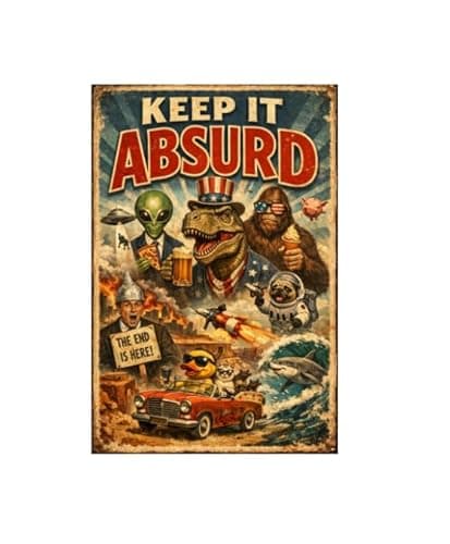 Keep It Absurd Metal Sign - 8x12 Inch Vintage Tin Plaque Featuring Dinosaur, Alien, Bigfoot, Pug Astronaut, and More Fun Pop Culture Art, Perfect for Quirky Home or Office Decor - Image 1