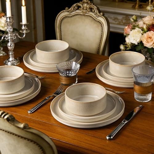 ALOFMO Stoneware Dinnerware Sets, Plates and Bowls Sets for 4, 12-Piece Ribbed Dishes – Chip & Scratch Resistant, Microwave and Dishwasher Safe Tableware, Beige - Thumbnail 3