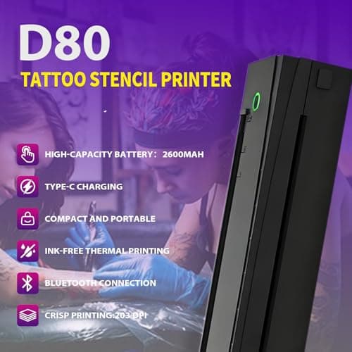 NDYIN Tattoo Stencil Printer, Bluetooth Thermal Tattoo Printer Machine, D80 Portable Stencil Printers for Tattooing with 10pcs Transfer Paper, Compatible with iOS, Android and PC(Black) - Thumbnail 2