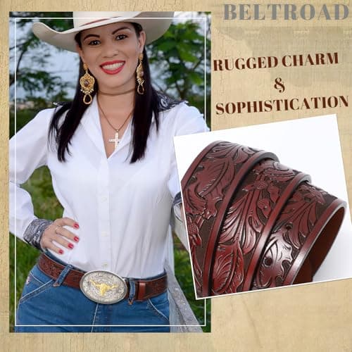 Western Leather Buckle Belt for Men Women Cowboy Cowgirl Leather Belts for Jeans Western Belts Men Country Western Party Christmas Gifts - Thumbnail 3