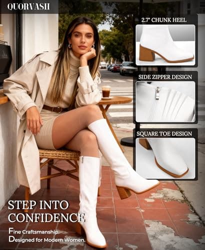 Quorvash Knee High Boots Women - Long Elastic Faux Leather Boots Tall Square Toe Chunky Block High Heel Shoes with Side Zipper White 8 - Thumbnail 5