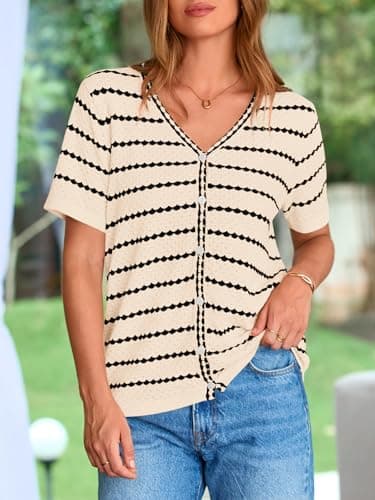 NALANISA Women's Summer Button Down Striped Shirts Casual Short Sleeve V Neck Crochet Knit Blouse Tops Lightweight Cardigans (Apricot,XXL) - Thumbnail 3