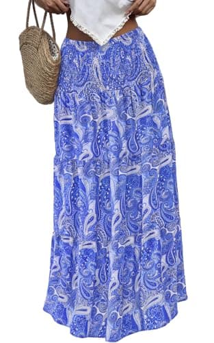 PRETTYGARDEN Boho Summer Skirts for Women Dressy Casual Smocked High Waist Floral Swing Pleated Skirt Beach Vacation Outfits (Blue Floral, XX-Large) - Image 1