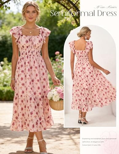 GRACE KARIN 2026 Women's Spring Floral Midi Dress Beach Wedding Guest Dresses Flowy A Line Casual Summer Clothes Pink Rose 2XL - Thumbnail 5