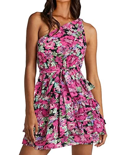 BTFBM Women One Shoulder Summer Dresses 2025 Floral Sundress High Waist Flowy A Line Mini Beach Fall Wedding Guest Dress(Floral Pink Black, Small) - Image 1
