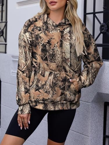 Bellcoco Womens Camo Hoodies Maple Leaf Print Fleece Sweatshirt Long Sleeve Pullover Tops Hooded Fall Winter Clothes Tan M - Thumbnail 3