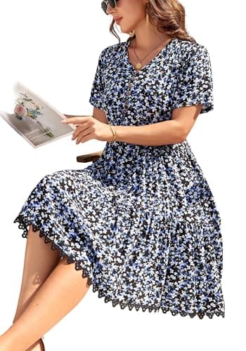 Women's V-Neck Button Down Casual Floral Midi Dress with Short Sleeve Lace Trim Hem Side Pockets (lacebian-190120-1,l) - Thumbnail 5