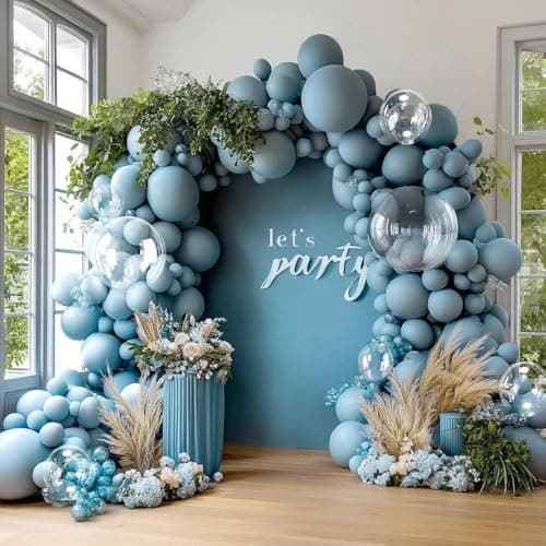 Dusty Blue Balloon Arch, Double Stuffed Pastel Light Blue Balloon 5/12/18 Inch Latex Balloons with Clear Balloons for Birthday Baby Shower Gender Reveal Wedding Graduation Party Decorations - Image 1