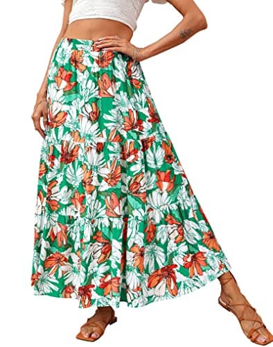 KIRUNDO Women 2026 Spring Summer High Waist Boho Floral Maxi Skirt Trendy Casual Flowy Swing Pleated A Line Beach Long Skirts(Floral Green Orange, Medium) - Image 1