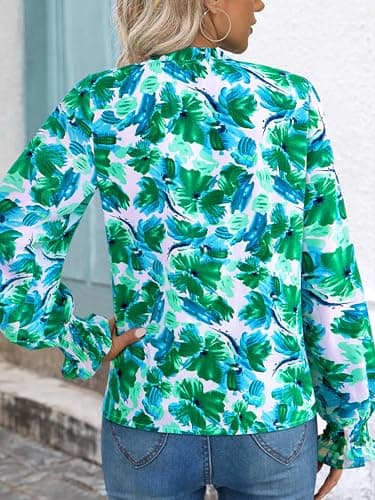 MASCOMODA Womens V Neck Floral Long Sleeve Tops 2026 Summer Casual Loose Puff Sleeve Chiffon Boho Work Blouse Dressy T Shirts(Green Floral,XX-Large) - Thumbnail 3