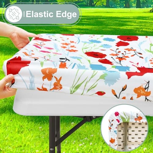 misaya Picnic Table Cover with Bench Cover, Waterproof Elastic Fitted Tablecloth for 6 Foot Tables, Rectangle Washable Polyester Fabric Tablecloths for Picnic, Camping, Outdoor (Flower, 30" x 72") - Thumbnail 3
