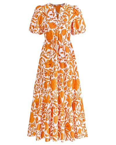 dowerme Womens Summer Dresses 2026 Casual Puff Short Sleeve V Neck Floral Boho Tiered Ruffle Maxi Dress with Pockets(White Orange Yellow,XX-Large) - Image 1