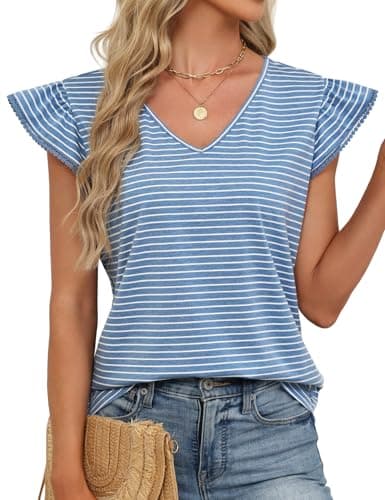 JUSTFASHIONNOW Womens Summer Ruffle Flutter Sleeve V Neck Tops, Soft Casual Striped Versatile Dressy Blouses(Blue Stripe Large) - Thumbnail 2
