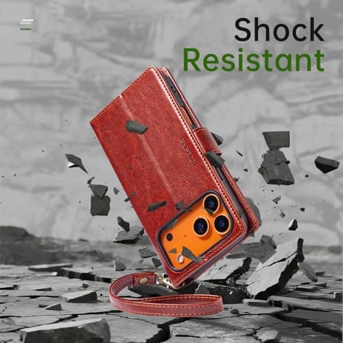 FLIPALM Wallet Case for iPhone 17 Series with Wrist Strap - PU Leather Folio Flip with Credit Card Holder & Kickstand, Protective Cover (Brown, for iPhone 17 Pro Max) - Thumbnail 6