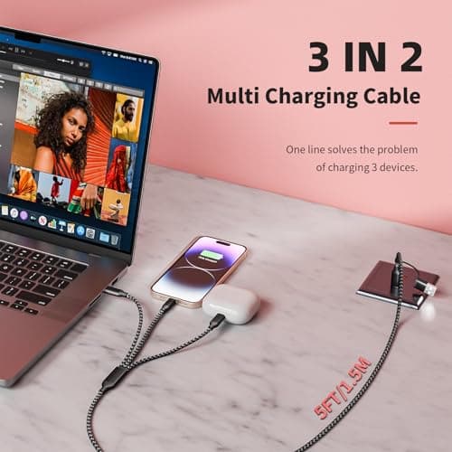 MPATIBY Multi Charging Cable 3 in 2, 1Pack 5FT USB C/A Multi Charger Cable to Type-C/IP Port, Nylon Braided USB C Multiple Charger Cord for All Devices, Universal Phone Charger Cord for Cell Phones - Thumbnail 4