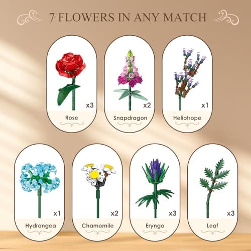 Dexblocks 1000 Pcs Flower Bouquet Building Kit,Artificial Flower Bouquet Kit for Adults, Botanical Collection Home Decor, for Women and Girls,Anniversaries and Christmas Ideal Gift - Thumbnail 3