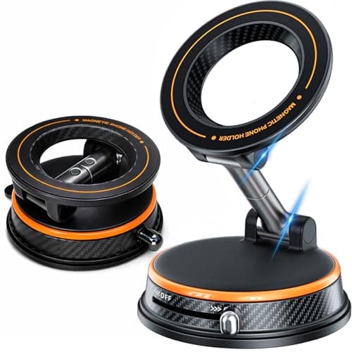 Fclvd Magnetic Car Phone Holder, 360°Adjustable Vacuum Dashboard and Windshield Mount Magsafe Cell Phone Holders for Your Car, Carbon Fiber 108+LBS Nano Gel Suction Cup, iPhone, Samsung (Orange) - Image 1