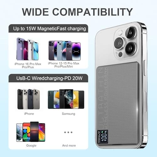 Magnetic Portable Charger 5000mAh with 15W Wireless & 20W PD Fast Charging,Ultra-Slim Travel-Ready Design,LED Display & Premium Metal Shell,Compatible with iPhone 16/15/14/13 Pro/Pro Max/Plus - Thumbnail 6