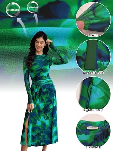 ECOWISH Long Sleeve Midi Formal Dress Women Fall Ruched Bodycon Party Cocktail Club Mesh Dresses Crewneck Floral Tie Dye Slit Green Floral X-Large - Thumbnail 2
