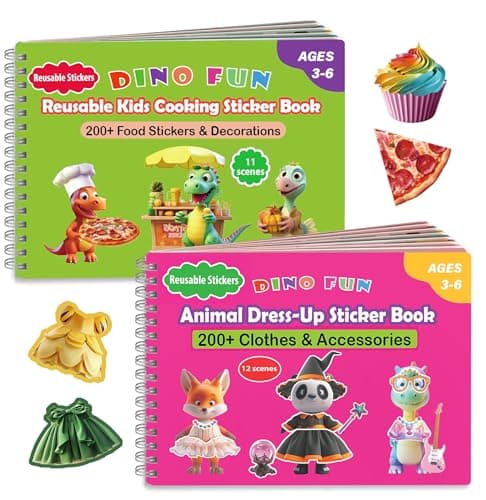 Dino Fun 2-in-1 Reusable Sticker Book for Kids – Animal Dress-Up & Cooking Play, 23 Scenes, 500+ Stickers, Fun Activity Book for Toddlers Ages 3+, Removable Sticker for Boys & Girls - Image 1
