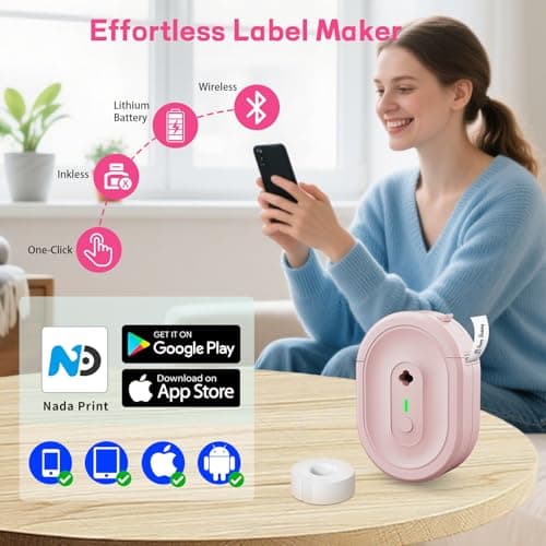 HKHKPI Label Maker Machine with Tape, Small Portable Bluetooth Label Printer, Handheld Mini Labeler for Home, Kitchen, Office, Waterproof Label Makers for Labeling, Gift, Kids School Items, Pink - Thumbnail 4
