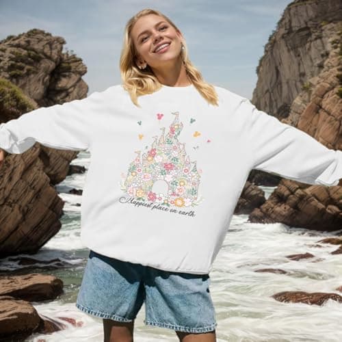 AMWIPE Magic Kingdom Sweatshirts For Women Oversized Magical Shirt Cute Vacation Tees Girls Castle Graphic Long Sleeve Tops White - Thumbnail 3