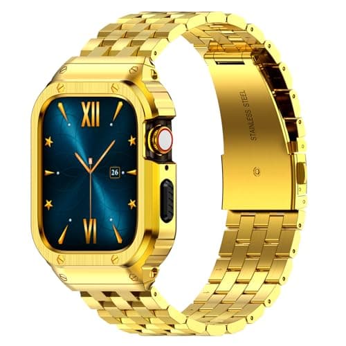 HASLFM Stainless Steel Band with Case Compatible with Apple Watch Series 6 5 4 SE3/2/1(44mm),Series 3 2 1 (42mm), Metal Protective Bumper Cover for iWatch Bands Men,Gold - Image 1
