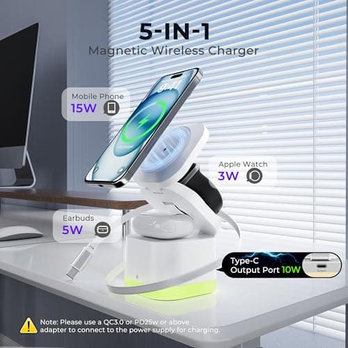 5 in 1 Wireless Charger, Foldable Wireless Charging Station with Night Light for Apple Magnetic Charger, Retractable Cable Fast Charger Stand for iPhone 17/16/15/14/13/12, Apple Watch, AirPods Pro 3 - Thumbnail 2