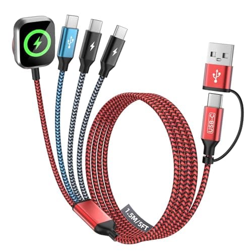 Travel Essentials 4in2 Multi Charging Cable for iPhone Watch Charger,USB A/C to 3 Type C/iWatch Charger,Charging Cables for Multiple Devices Compatible with iWatch 11-1/Ultra/SE&iPhone 17-12 5FT - Image 1