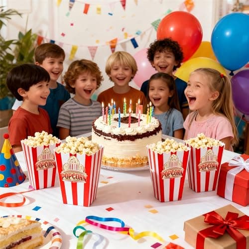 Wertyuizk 20Pcs Red White Striped Classic Popcorn bucket, Disposable Popcorn Boxes for Movie Night, Home Halloween, Thanks Giving, Christmas Party - Thumbnail 2