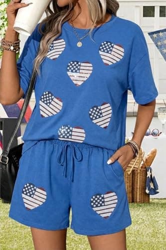 MYHALF 4th of July Sets for Women Sequin Star Graphic Shirt and Shorts Patriotic Outfits 2 Piece Short Sleeve Lounge Set - Thumbnail 3