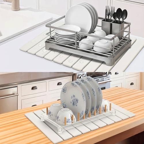 UOEPOWA Stone Drying Mat for Kitchen Counter, Quick Dry Stone Dishes Mats, Foldable Water Absorbing Diatomaceous Earth Drying Organizer Pad (White) - Thumbnail 5