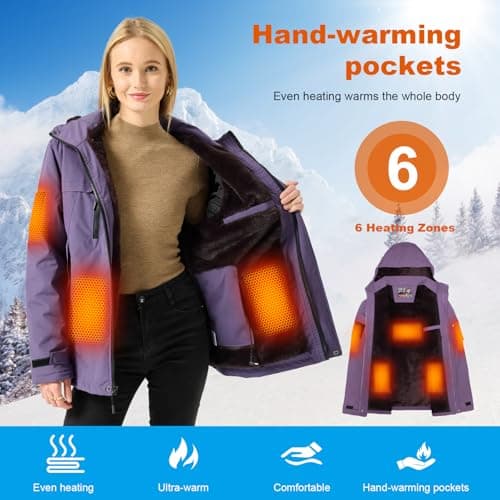Brimekey Graphene Heated Jacket for Women, Fast Charge 20000mAh Large Capacity, Women's Heated Jacket with Fleece Lining, 6 Heating Zones Windproof Waterproof Soft Shell Hoodie Jackets Skiing Hunting - Thumbnail 3