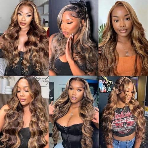 13x4 Full Frontal Lace Wig 4/27 Honey Blonde Ombre Lace Front Wigs Human Hair Skinlike HD Lace 0.10mm Ultra-thin Invisible Highlight Body Wave Lace Front Wig 24 Inch Pre plucked Baby Hair 200% density - Thumbnail 5