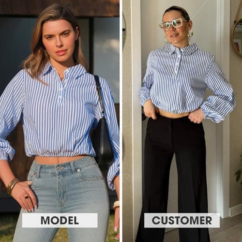 EXLURA Women's 100% Cotton Long Sleeve Crop Tops Summer Striped Collared Button V Neck Pullover Shirt Elastic Hem Y2K Blouse Blue - Thumbnail 4