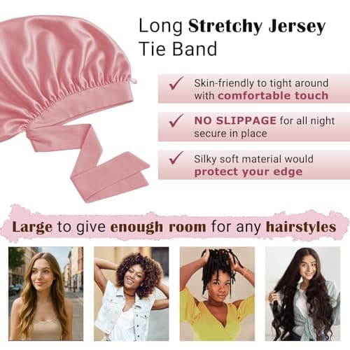 Long Hair Bonnet for Women, XL Silky Satin Sleeping Cap with Tie Band for Braids Curly Hair, Includes 10PCS Scrunchies Pink - Thumbnail 3