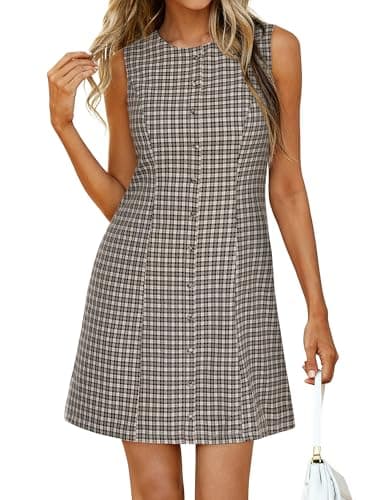 BTFBM Womens Summer Dress 2026 Spring Plaid Crew Neck Sleeveless Button Bodycon Mini Vintage Business Casual Dresses(Black Grey, Medium) - Image 1
