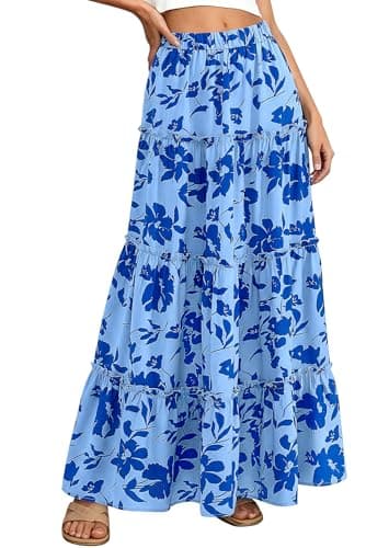 BTFBM Floral Maxi Skirts for Women Summer Spring 2026 Elastic Waist Tiered Flowy Beach Vacation Boho Midi Long Skirt(Floral Blue, XX-Large) - Image 1