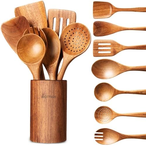 Wooden Spoons for Cooking - 8-Piece Wooden Kitchen Utensil Set made of Natural Solid Wood Material-Includes Spoons,Spatulas,Ladles,Mixing Spoon and Utensil Holder,Valentine's Day Gifts - Image 1