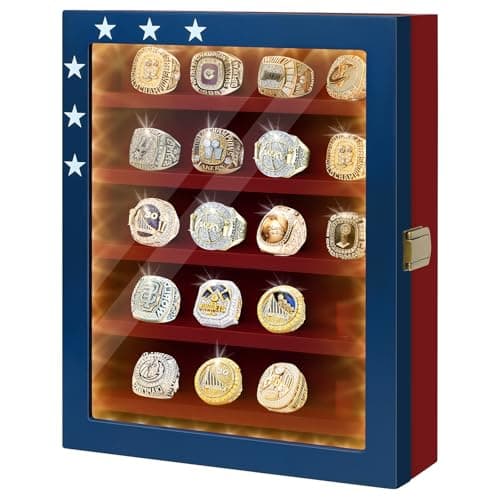 JWHOO Championship Ring Display Case - 20 Ring Posts Baseball Ring Holder, Softball Ring Display Case with LED Light, Wall Mount Wooden Shadow Box for Display Sports Champion Rings - Red & Blue - Image 1