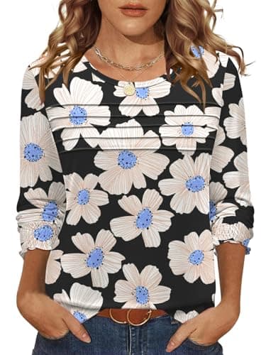 LOMON Women Tops Dressy Casual Tunics Long Sleeve Shirts Loose Fit Crew Neck Flowy Autumn Tops Black Apricot Floral L - Image 1