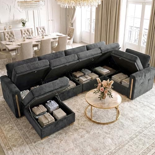 smilesun Oversized Modular Chenille U-Shaped Sectional Sofa with Storage, Convertible Comfy Extra Deep & Wide Seating with Gold Metal Accents & Square Legs for Living Room (Grey) - Thumbnail 3