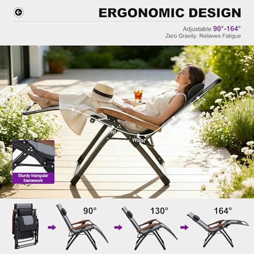 PURPLE LEAF Oversized Outdoor Reclining Chair Set of 2 Patio Zero Gravity Chaise Lounge Folding Chair with Quilted Cushion Adjustable Headrest for Lawn Camping Beach Pool Black and Grey - Thumbnail 5