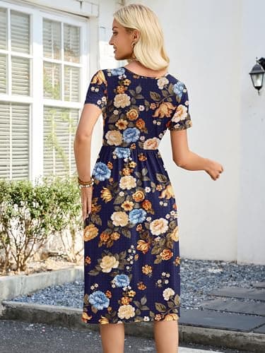 Heymoments Women's Dresses Floral Print XX-Large Wedding Guest A line Crewneck Short Sleeves Casual Flowy Swing Cocktail Slimming Birthday Party Summer Travel Long Midi Dresses - Thumbnail 4